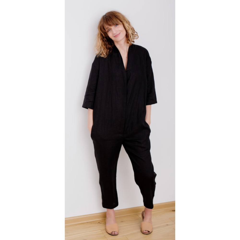 NWT OffOn Clothing Linen V Neck Jumpsuit Womens Medium Black New Handmade